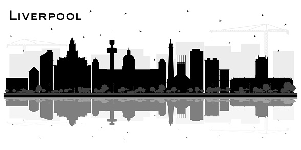 Liverpool City Skyline Silhouette with Black Buildings and Reflections Isolated on White.