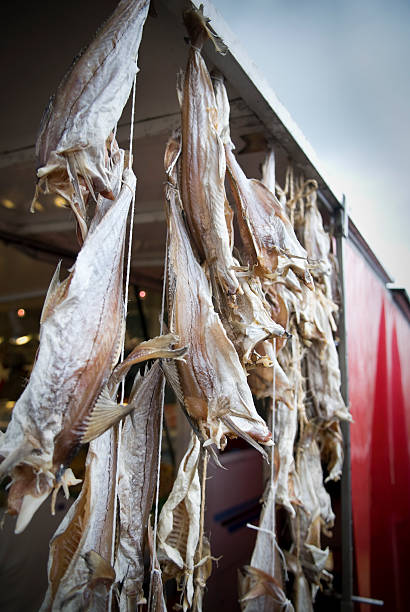 istock Fish market, dried and salted merchandise hanging down 122707840