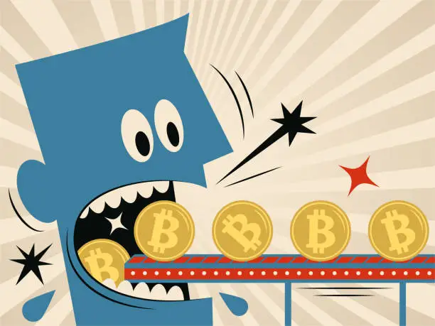 Vector illustration of Blue man opening big mouth and eating a row of Bitcoin Cryptocurrency delivered by production line