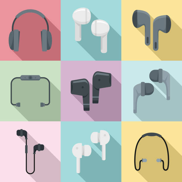 ikon earbud nirkabel diatur, gaya datar - headphone in ear nirkabel foto ilustrasi stok