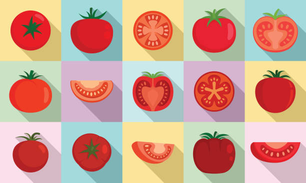 Tomato icons set, flat style Tomato icons set. Flat set of tomato vector icons for web design tomato slice stock illustrations