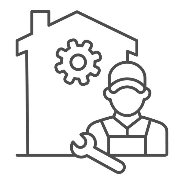 ilustrações de stock, clip art, desenhos animados e ícones de building with gear and engineer thin line icon, smart home concept, smart house repair worker sign on white background, home appliance service icon in outline style mobile, web. vector graphics. - repairing