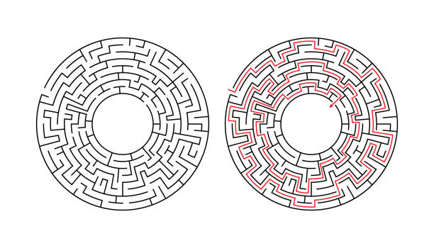 Vector circle maze isolated on white background. Vector circle maze isolated on white background. Education logic game labyrinth for kids. With the solution. circular maze stock illustrations