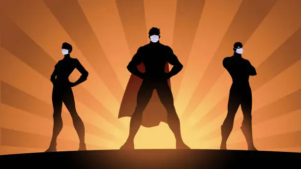 Vector illustration of Vector Social Distancing Superheroes Silhouette Stock Illustration