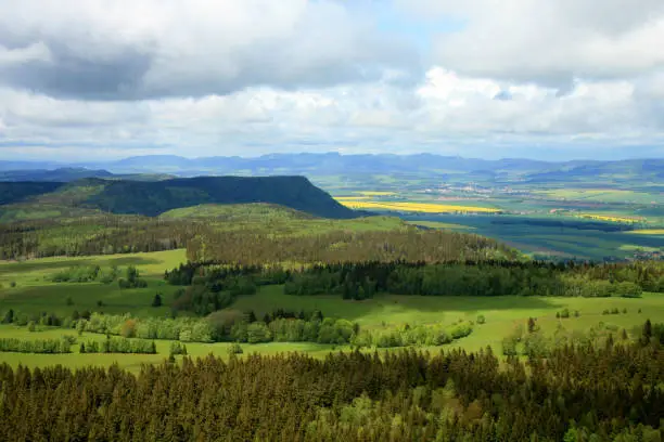 Photo of Spring Stolowe Mountain range- landscape near small, picturesque Pasterka village in Poland.