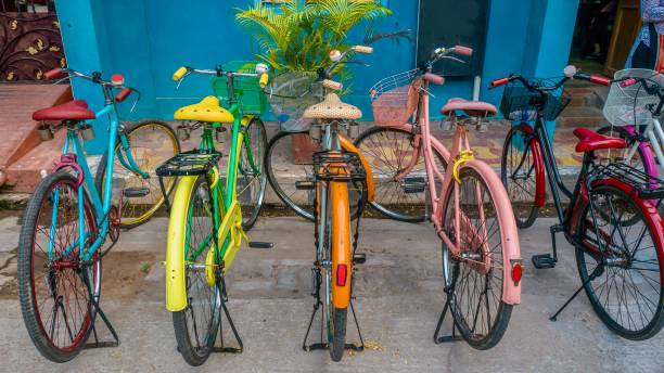istock Colorful bicycles parked outside a building in Pondicherry, India. 1227082192