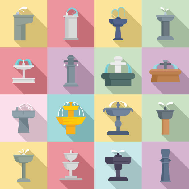 Drinking fountain icons set, flat style Drinking fountain icons set. Flat set of drinking fountain vector icons for web design drinking fountain stock illustrations