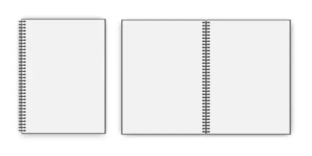 Vector illustration of Empty open book. Closed white notebook. Layout booklet with a spiral. Vector image. Stock Photo.