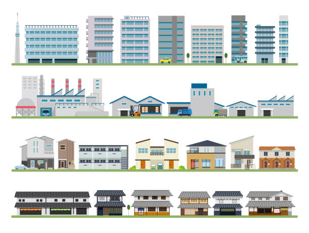 빌딩 팩토리 하우스 노포 민가 - 공장 산업 건물 일러스트 stock illustrations