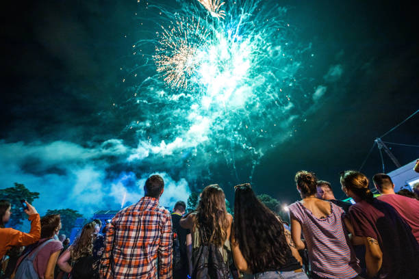 vue arrière de la foule des personnes observant des feux d’artifice la nuit. - fireworks show photos et images de collection