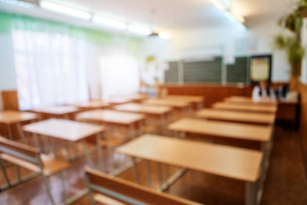 istock Empty school classroom Concept of quarantine or vacation. Blurred background image. 1227089446
