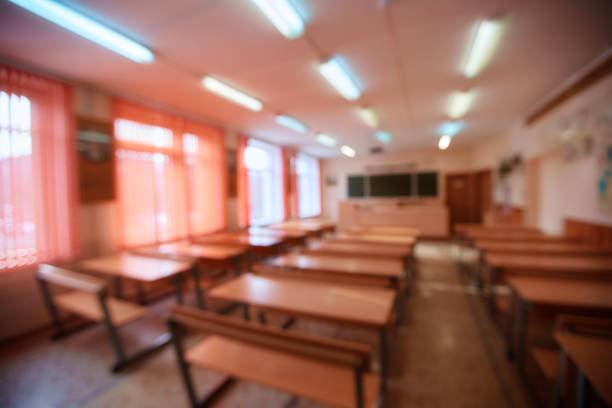 istock Empty school classroom Concept of quarantine or vacation. Blurred background image. 1227089461