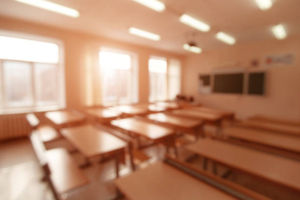 istock Empty school classroom Concept of quarantine or vacation. Blurred background image. 1227089463