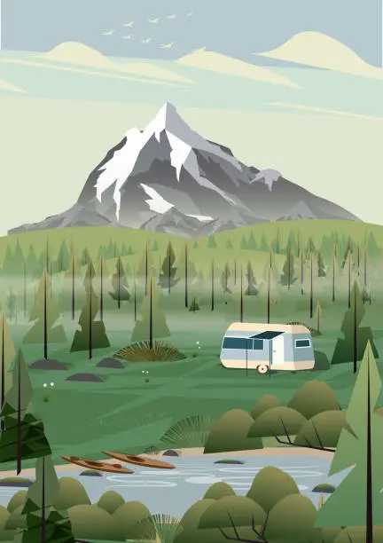 Vector illustration of Caravan campsite in the mountains