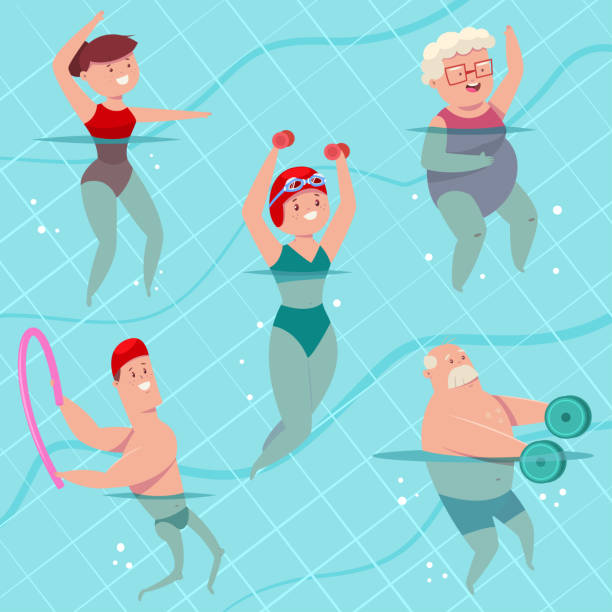 Group aqua aerobics in swimming pool. Young and elderly men and women doing aquagym exercise. Vector cartoon fitness people character isolated on a background. Healthy lifestyle set. Aqua aerobics vector cartoon people set. cartoon of the older people exercising gym stock illustrations
