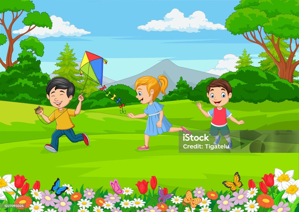 Cartoon Little Kids Playing In The Garden Stock Illustration - Download  Image Now - Child, Garden, Playful - iStock