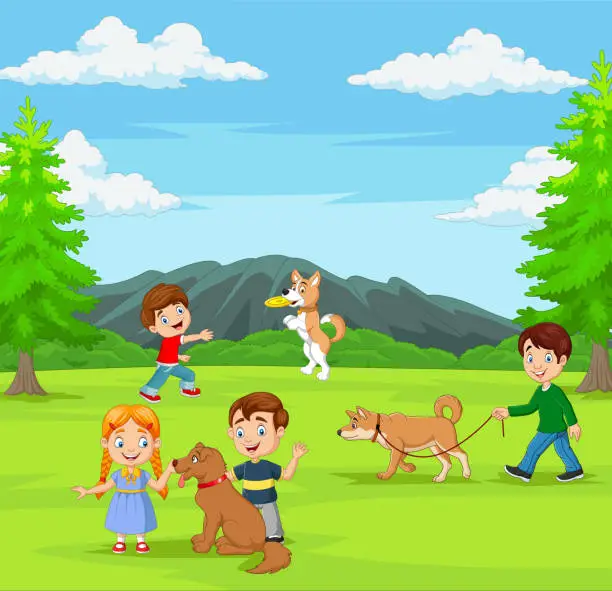 Vector illustration of Group of children playing with their dogs in the park