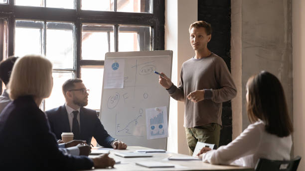 istock Confident businessman business coach giving flip chart presentation 1227094211