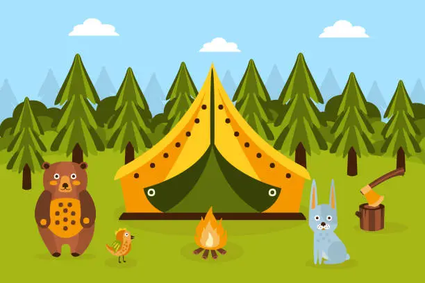 Vector illustration of Summer Camping in Forest, Tent, Fir Trees, Bonfire, Rabbit and Bear, Hiking, Trekking on Nature Cartoon Vector Illustration