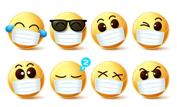 istock Smiley emoji facemask vector set. Smiley emoji with covid-19 face mask and eye expressions 1227097021