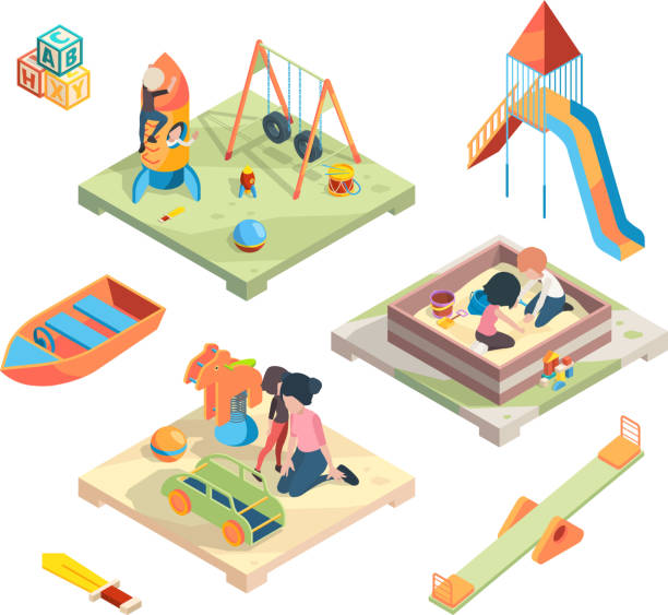 istock Playground isometric. Place for funny games kids preschool playing with babysitter in amusement park toys vector pictures 1227100366