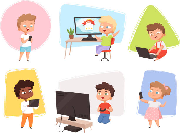 Kids With Gadgets Future Technology Children Using Laptop Smartphone Pc And  Electronic Tablet Vector Cartoon Illustrations Stock Illustration -  Download Image Now - iStock
