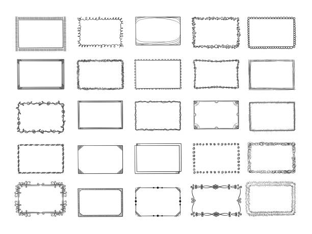 illustrations, cliparts, dessins animés et icônes de cadres de griffonnage. formes carrées dessinées à la main dans différentes bordures de styles et cadres photo ensemble vectoriel - rectangular frame