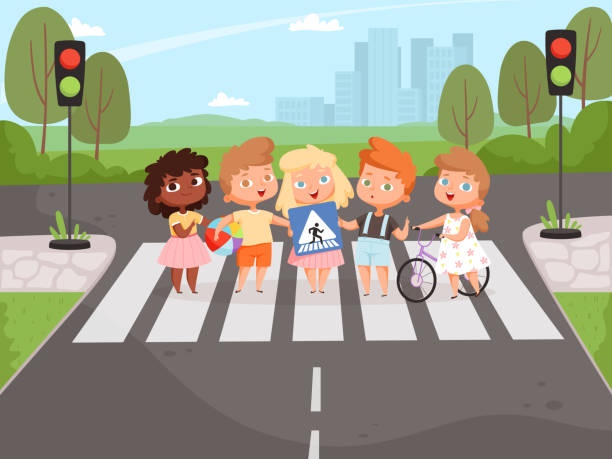 Crossroad rulles. Children learning safety road traffic lights on street and signboards vector background Crossroad rulles. Children learning safety road traffic lights on street and signboards vector background. Safety child boy and girl, cartoon crossing road illustration way to school stock illustrations