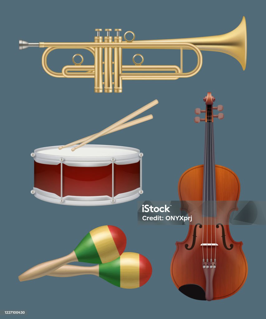 Ilustración de Instrumentos Musicales Piano Saxo Guitarra Y Otros  Instrumentos Prácticos Para La Banda De Música Vector Realista Conjunto y  más Vectores Libres de Derechos de Violín - iStock