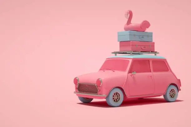 Photo of Minimal Summer and Travel Concept, 3D Car and Inflatable Flamingo