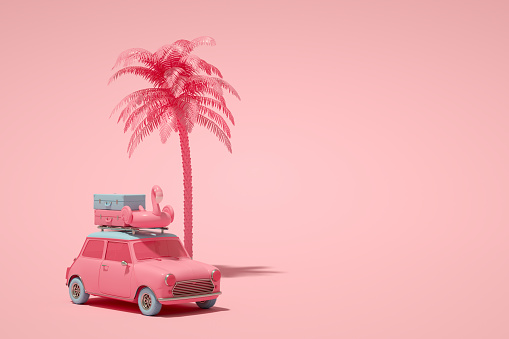 3d rendering of car and luggage, pink color background, minimal summer and travel concept. Retro style.