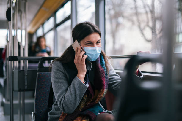 Woman With Protective Mask Talking On The Phone.