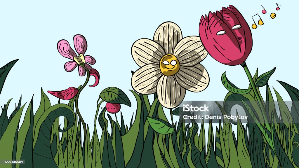Handdrawn Cartoon Funny Illustration Of Flowers In The Field Stock  Illustration - Download Image Now - iStock
