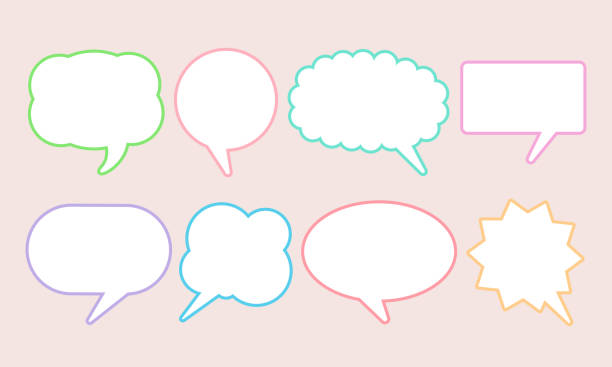 istock Set of pastel color speak bubble text, chatting box, message box outline cartoon vector illustration design. Balloon doodle style of thinking sign symbol. 1227107262