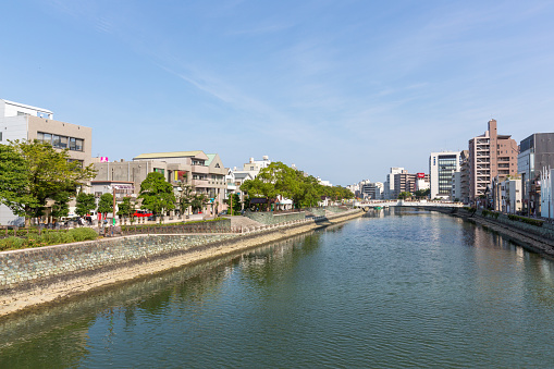 Tokushima, Japan - July 22, 2016 : General view of Shinmachi River in Tokushima City, Shikoku, Japan. It is a river found in the heart of Tokushima City.