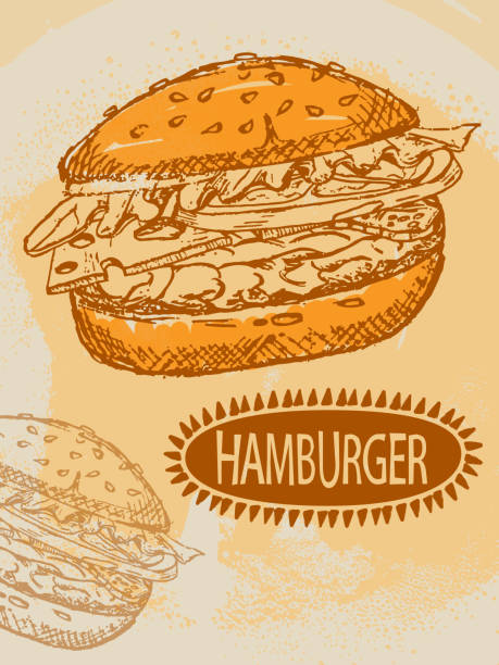 illustrations, cliparts, dessins animés et icônes de croquis vectoriel d’un hamburger sur un fond orange taché. menu, dépliant, billet, conception d’affiche - sandwich sketch cartoon line art