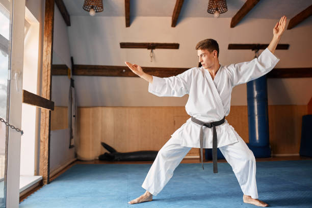 istock Karate Fighter practises fight in martial arts gym 1227115148