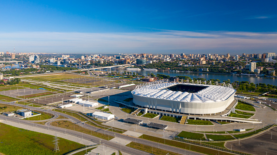 Russia, Rostov-on-Don, may 25, 2020: Panoramic view of the central part of Rostov-on-Don. Stadium, aerial view, the river Don.