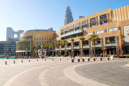 Dubai / UAE - May 13, 2020: World's largest shopping center. Dubai shopping mall exterior