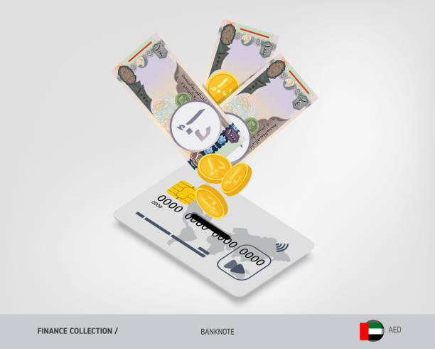 istock Bank card with flying 1000 United Arab Emirates Dirham banknotes and gold coins. Flat style vector illustration. 1227116658