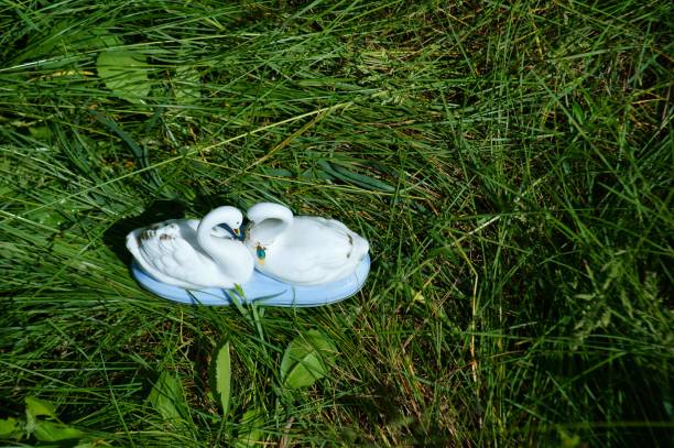 A pair of souvenir swans in wild flowers. A pair of souvenir swans in wild flowers. A symbol of love and happy family life. Happy relationship. signs and symbols stock pictures, royalty-free photos & images