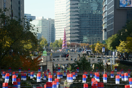 The Spring Sculpture in Cheonggye plaza where Cheonggyecheon starts, an 11 km long stream that runs through downtown Seoul. Created as part of an urban renewal project, Cheonggyecheon is a restoration of the stream that was once there before during the Joseon Dynasty (1392-1910).