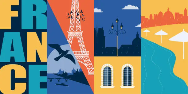 Vector illustration of France vector banner, illustration. City skyline, historical buildings in modern flat design style