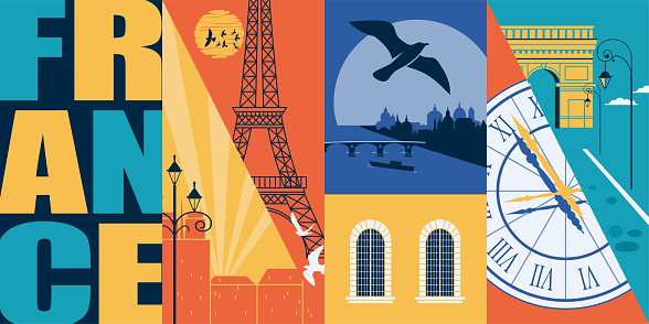 Paris, France vector skyline illustration, postcard. Travel to France modern flat graphic design element with French landmarks - Eiffel tower, Seine, arc de Triomphe, city views