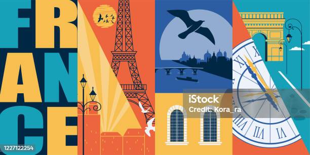 Paris France Vector Skyline Illustration Postcard Travel To France Modern Flat Graphic Design Element Stock Illustration - Download Image Now