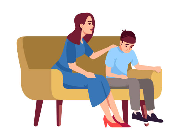 ilustrações de stock, clip art, desenhos animados e ícones de mother and son on sofa semi flat rgb color vector illustration. woman with boy on couch. family conversation. transitional age. psychology consultation. isolated cartoon character on white background - mãe filho conversa
