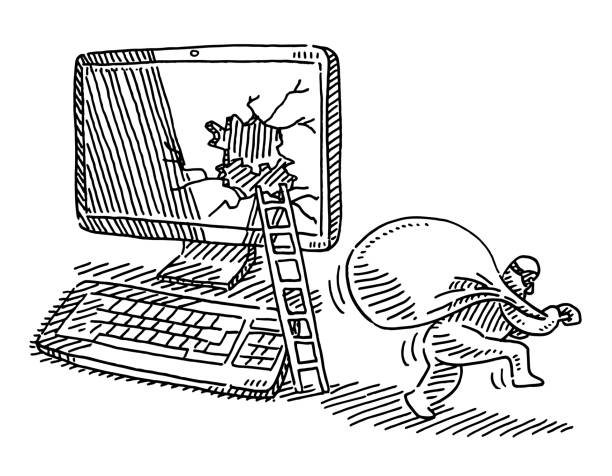 Digital Data Robbery Concept Drawing Hand-drawn vector drawing of a Digital Data Robbery Concept. Black-and-White sketch on a transparent background (.eps-file). Included files are EPS (v10) and Hi-Res JPG. one burglar stock illustrations