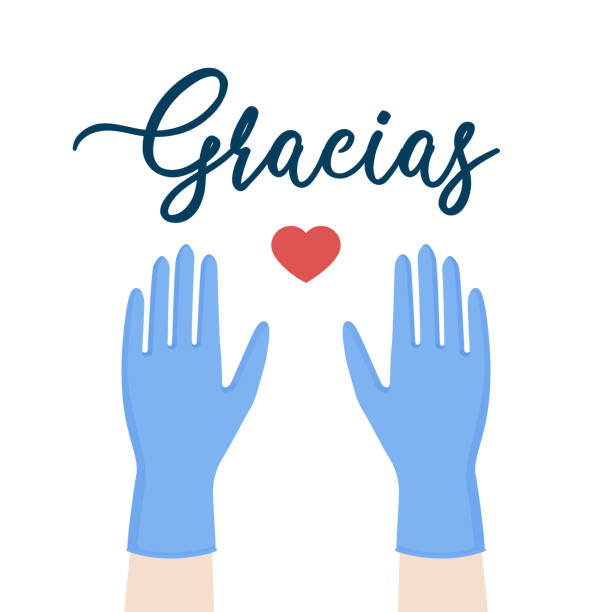 illustrations, cliparts, dessins animés et icônes de merci aux professionnels de la santé pour leur lutte contre le coronavirus pandémique. merci en espagnol: "gracias". mains vers le haut avec des gants médicaux. illustration de gratitude. maladie covid-19. vecteur plat - clapping applauding gratitude human hand