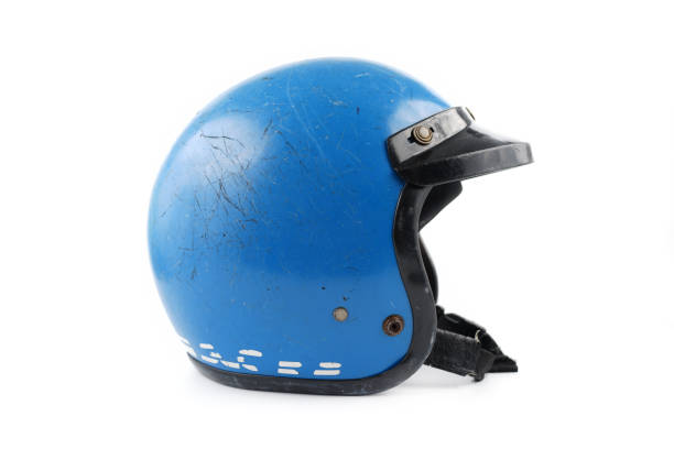 Open Face Helmet Blue used motorcycle helmet isolated on white crash helmet stock pictures, royalty-free photos & images