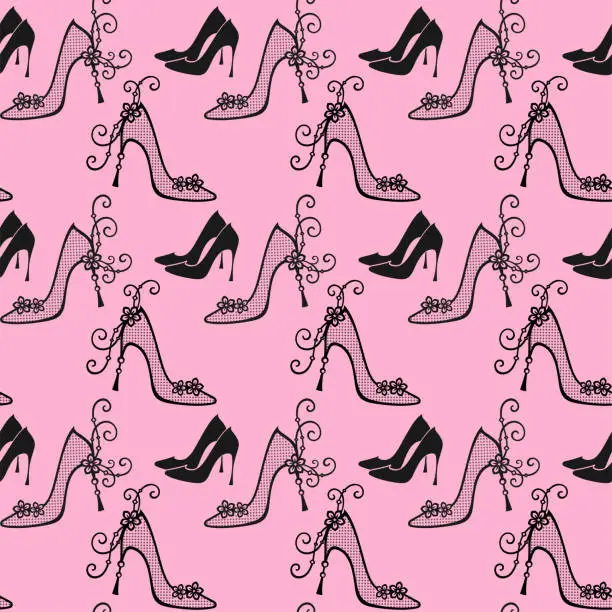 Vector illustration of Seamless background with black and openwork black high heels shoes